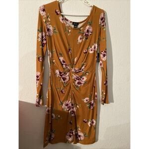 Justify Yummy Twist Front Dress Mustard Floral Long Sleeve Women's Large NWT